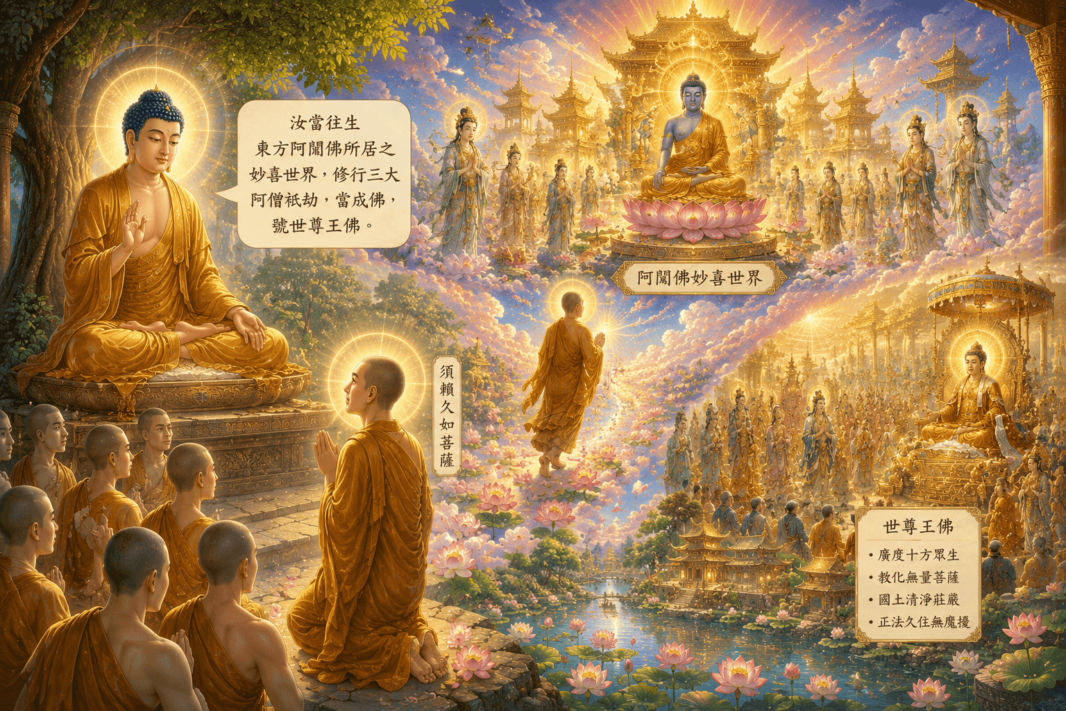 圖／佛陀授記須賴久如菩薩未來命終往生東方阿閦佛妙喜世界，歷經三大阿僧祇劫修行，最終成就世尊王佛。（示意圖）