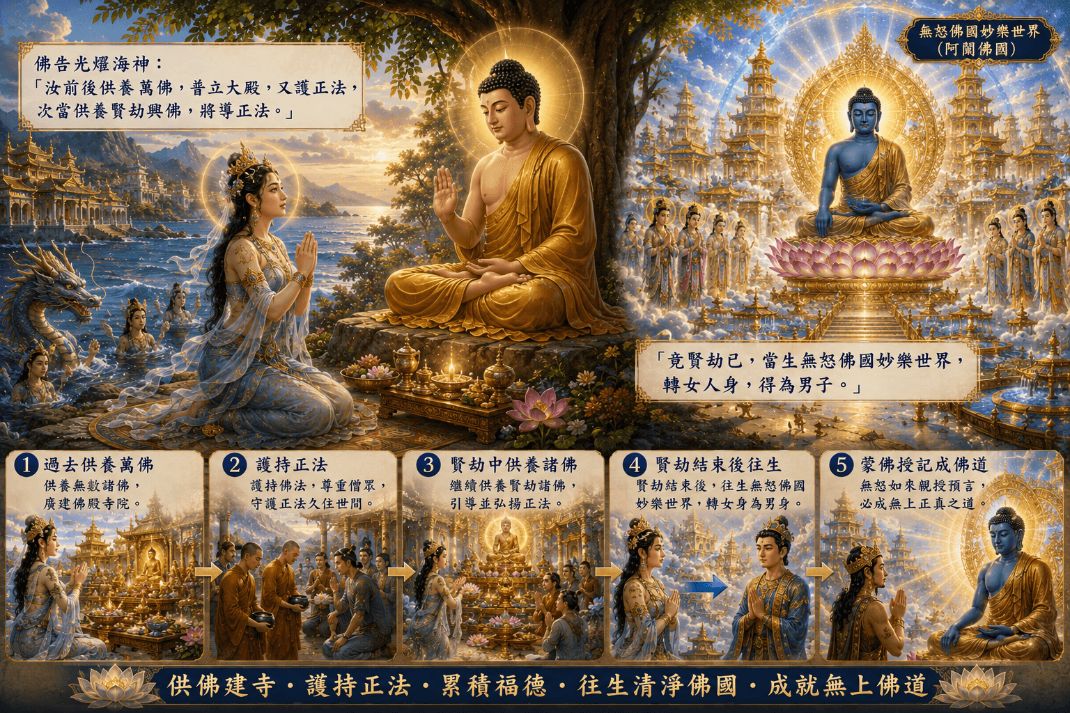光燿海神供佛護法，蒙記往生無怒佛國，未來必定成佛。