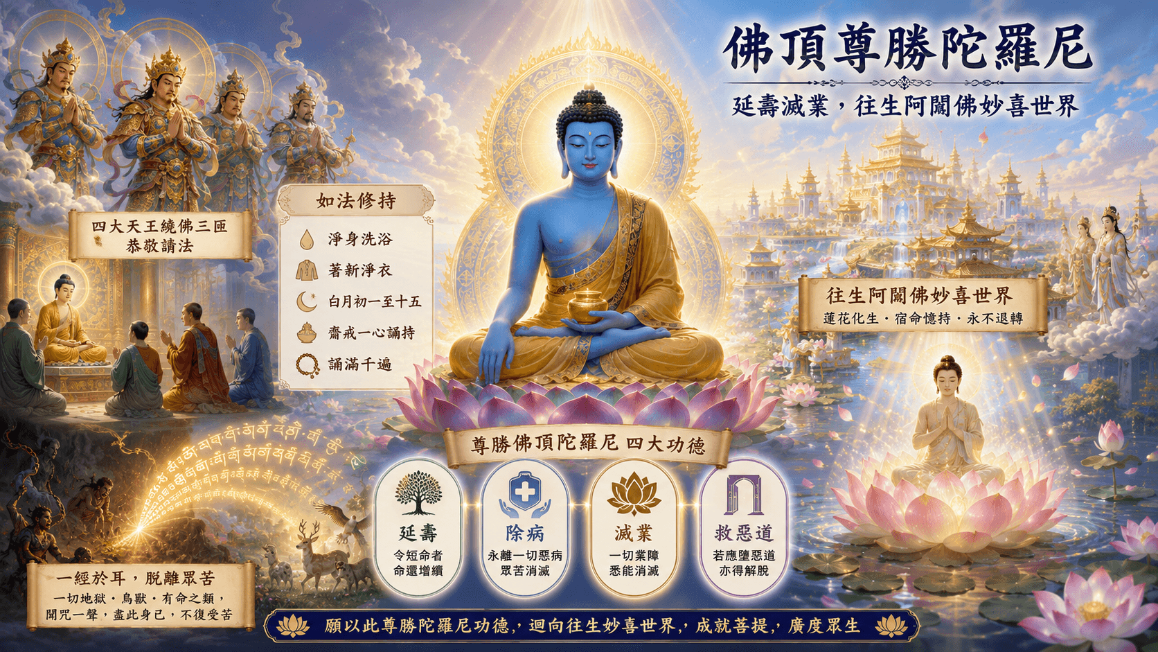 佛頂尊勝陀羅尼光明護佑眾生,延壽除病、消業離苦,迴向往生阿閦佛妙喜世界。